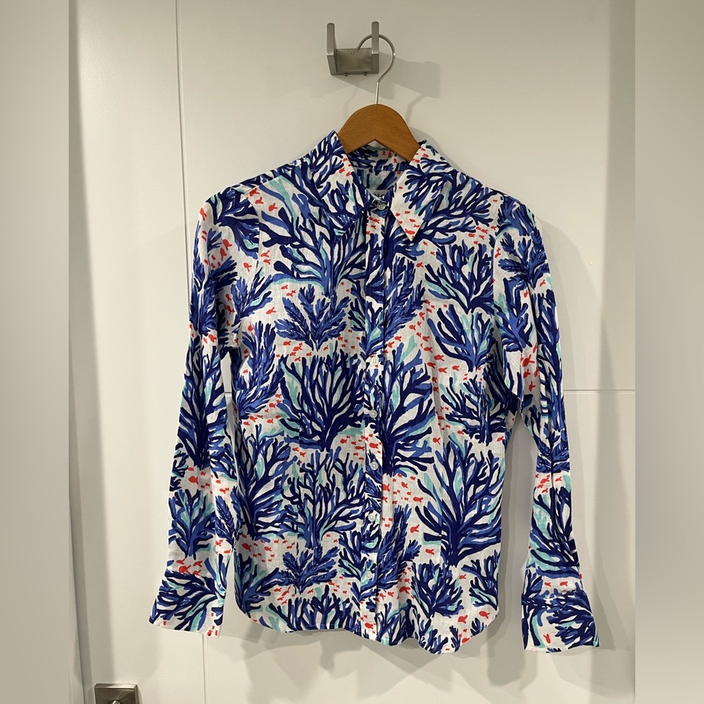Hiho Coral Reef linen long-sleeve blouse, Medium, NWT.